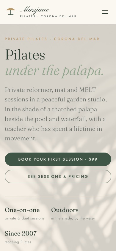 Marijane Pilates website on a phone
